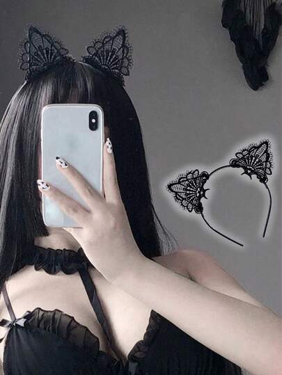 topshiny 1 chiếc băng đô tai mèo nhọn bằng ren, phụ kiện đội đầu hình mèo dễ thương, phụ kiện ngày lễ