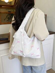 Túi đeo vai bằng nylon màu trơn đa năng mới, khăn choàng ren, trang trí nơ, kiểu dáng tối giản thường ngày. - trắng - Xem 2