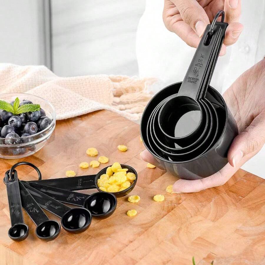 Bộ 5/10 cốc và thìa đong bằng nhựa, dụng cụ đong nướng bánh, bộ cốc và thìa đong có vạch chia, thích hợp cho nguyên liệu khô và lỏng - Đồ dùng nhà bếp - Dụng cụ làm bánh - Nhiều màu - Xem 1
