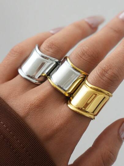 3件套/1件粗款金色不锈钢戒指套装，18K镀金女士开口戒指，简约大胆的个性饰品，防水低敏可叠戴戒指，适合日常佩戴