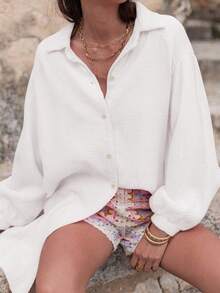 Áo sơ mi nữ tay dài dáng rộng màu trơn, có thể mặc như váy hoặc áo kiểu, màu trắng, thích hợp mặc mùa xuân. - trắng - Xem 4