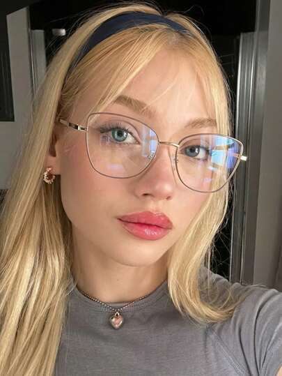 1 Cặp kính mắt mèo gọng kim loại màu vàng cà phê dành cho nữ, kiểu dáng cổ điển, đa năng, tròng kính trong suốt.