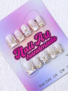 10片/套方形手工美甲贴片，Y2K 酷炫风格，银白色法式白边猫眼设计，闪亮美甲装饰，适合派对、婚礼、日常佩戴，包含工具包，是送给女性和女孩的绝佳礼物。 - 白色 - 查看 2