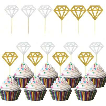 1/10/100pcs Gold & Silver Glitter Diamond Shaped Cupcake Toppers, Suitable For Engagement Party, Wedding, Bachelorette Party, Birthday Party, Decoration