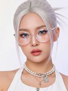 一副女士透明白色镜框PC极简简约眼镜，清新风格 - 透明白 - 查看 1