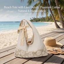 Women's Large Capacity Beach Tote Bag Lace Trim Canvas Underarm Shoulder Bag Floral Decor Vacation Casual Daily Shopping Handbag - B - 查看 5