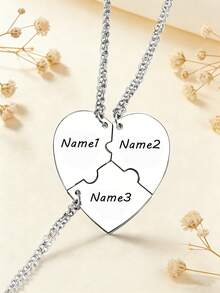 3Pcs Personalized BFF Necklace, Custom Name Heart Puzzle Pendant Set, Stainless Steel Friendship Jewelry Gift For 3 Sisters Best Friends - Silver - View 3