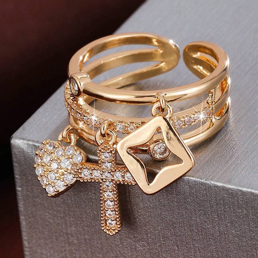 1件优雅几何吊坠设计立方氧化锆可调节戒指,女士款 - 彩色 - 查看 1