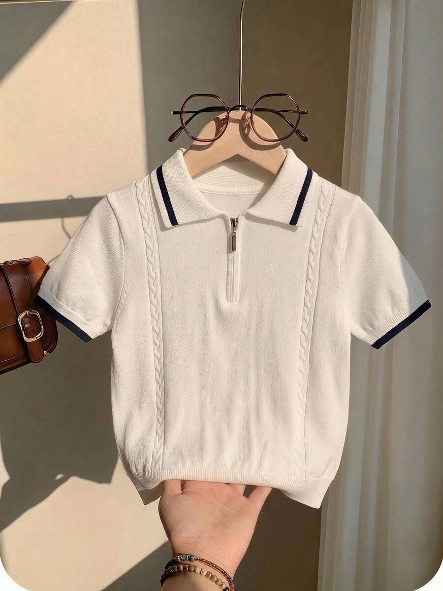 Boys' Preppy Style Lyocell Solid Color Short Sleeve Knit Sweater Half-Zip Polo Thin Summer Autumn - White - View 1