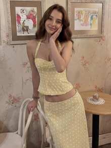 VIBEWAVE Summer French Polka Dot Print Camisole & A-Line Skirt Charming Romantic Fashion Set - Apricot - View 5