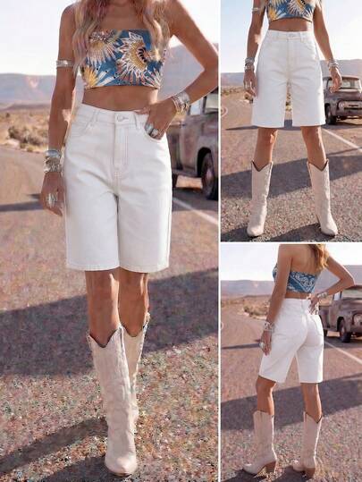 Shorts vaqueros de unicolor casual para mujer para primavera - Elegante, estilo bohemio, adecuado para cenas o citas Blanco