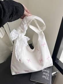 Túi đeo vai bằng nylon màu trơn đa năng mới, khăn choàng ren, trang trí nơ, kiểu dáng tối giản thường ngày. - trắng - Xem 8