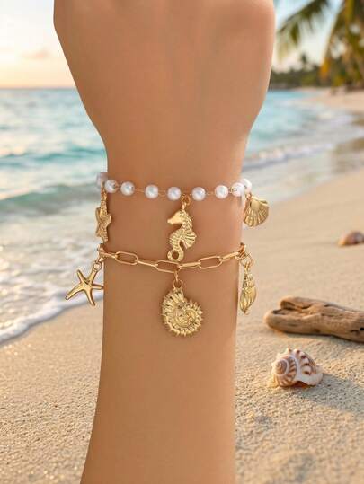 Bộ 2 chiếc dây chuyền ngọc trai thủ công thiết kế độc đáo, mặt dây chuyền hình sinh vật biển, thích hợp đeo hàng ngày, hẹn hò và du lịch.