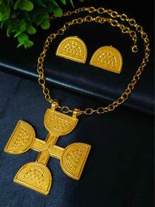 Bộ trang sức gồm 1 dây chuyền và 1 đôi bông tai mặt dây chuyền hình thánh giá bằng vàng, kiểu dáng Trung Đông Dubai, thích hợp làm quà tặng đám cưới, Ngày của Mẹ, Ngày Valentine hoặc quà hẹn hò. - Vàng - Xem 2
