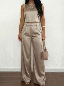 ANCHOSE Bộ đồ nữ mùa hè gồm áo satin không tay màu sâm panh và quần dài ống rộng cạp chun, cổ tròn, cài cúc phía sau, thời trang thường ngày, dự tiệc và nghỉ lễ. - Vàng sâm panh - Xem 6