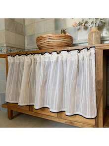 1pc Black Edged Sheer Curtain, Half Curtain For Small Windows, Short Curtain For Kitchen - 1PC - View 10