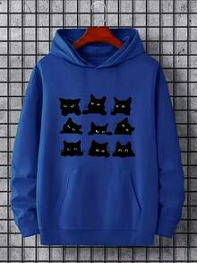 Nueva  de moda masculina, estampados creativos de gatos en varios diseños, sudadera con capucha para hombre, sudadera con capucha de manga larga con bolsillo canguro, top casual holgado, ropa de otoño e invierno para hombre. - Negro - Ver 3