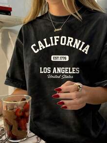 Women's Vintage California Los Angeles Graphic T-Shirt - Casual Round Neck, Short Sleeve, Cotton, Machine Washable, EST 1776 Print2025 - 黑色1 - 查看 4