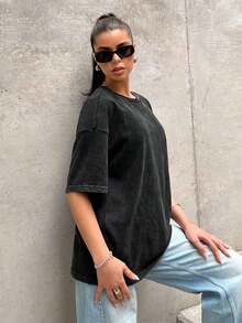2026 Loose Fit Vintage Style Green Knitted Distressed Casual T-ShirtLoose And Comfortable Casual Streetwear, Summer Loose Fit, Oversized Graphic Tee, Vintage Street Style, Soft Cotton Tee, Drop Shoulder T Shirt, Daily Casual Top,  Streetwear Tee, Boyfriend Style Tee, Grunge Vintage Tee, Y2K Streetwear Top, Casual Oversized Top, Retro Graphic T Shirt, Loose Casual Tee, Summer Street Style Top, - 黑色 - 查看 4