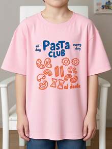 Camiseta de manga corta y cuello redondo para niños y niñas, con temática de comida: Estampado <<All-Day Pasta Club - Delicious Every Day» - Rosa - Ver 8