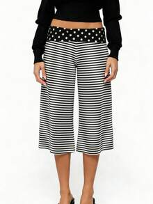 Women's Fold Over Waist Capri Fashionable Casual Solid Color Low Rise Wide Leg Crop Pants - 彩色 - 查看 1