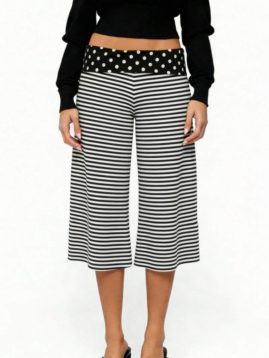 Women's Fold Over Waist Capri Fashionable Casual Solid Color Low Rise Wide Leg Crop Pants - 彩色 - 查看 1