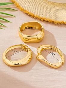 3pcs/Set Unique Zinc Alloy & Metal Bangles, Gold-Tone Bangle, Heavy Metal Curved Bangle, Rugged Large Hammered Bangle, Wave Bangle Set, Wide Bracelet, Luxury Elegant Style, For Women - Yellow Gold - View 6