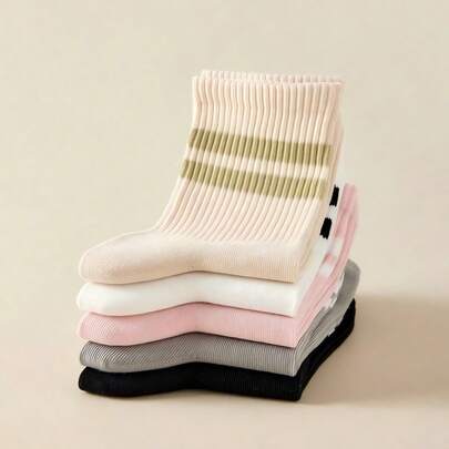1/3/5/6 Pairs Striped Mid-Calf Socks, Comfortable Breathable Unisex Long Socks, White, Suitable For Daily Wear, Sports, Autumn
