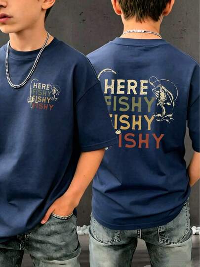 Tween Boy "Here Fishy Fishy Fishy" Cartoon Print T-Shirt, Soft And Comfortable Fabric, Suitable For Boys Outdoor Sports, Casual Wear, Streetwear, Campus Wear, Fashionable Boys Spring/Summer Versatile Top