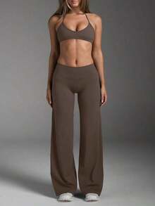 Pantalones acampanados ajustados de unicolor elegantes y modernos para el trabajo y el deporte para mujer, primavera - Camel - Ver 10