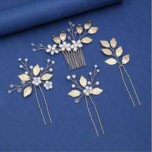 4 pezzi Accessori per capelli da sposa, corona nuziale intrecciata a mano in lega dorata con fiori finti e perle, gioielli per abiti da festa, matrimonio, estate, spiaggia, compleanno, elegante - Multicolore - Visualizzare 3