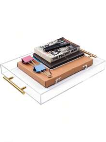 1pc Acrylic Transparent Tray With Gold Handle, Leak-Proof Serving Tray, Decorative Tray, Suitable For Coffee Table, Counter, Snacks, Breakfast, Vanity - Clear - View 3