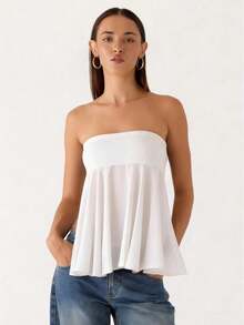 Women Summer Flowy Tube Top Y2k Solid Color Strapless Off The Shoulder Loose Fit Babydoll Bandeau Crop Tops Backless Sleeveless Going Out Tops Vests Shirts Casual Streetwear - 露背-白色 - 查看 1