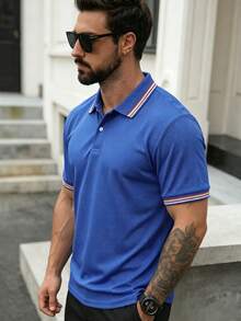 Men's Colorblock Striped Trim Short Sleeve Polo Shirt, Regular Fit, Classic Casual, Suitable For Daily Wear, Golf, Work, Versatile Top Sports - Blue - View 3