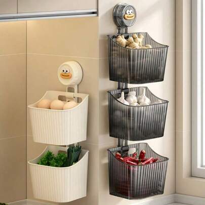 2pcs Hanging Kitchen Organizer, Home Storage, Cartoon Design Multi-Function, For Pantry Side Wall, Easter Decor Gift, No Drill Wall Mount Box, Vegetable Storage Container