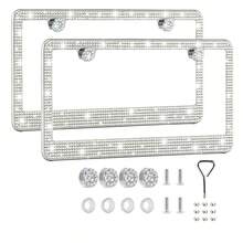 2 paquetes de soportes de matrícula de acero inoxidable premium con diamante de imitación para mujeres, funda de matrícula con cristales de diamante brillantes y brillantes hecha a mano, tapa brillante - Acrílico de acero inoxidable con orificio cuadrado - Ver 12