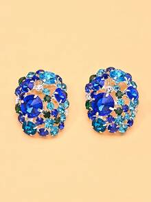 1 Pair Silver Oversized Round Rhinestone Clip-On Earrings, Elegant Cubic Zirconia Earrings For Women Without Pierced Ears, Suitable For Balls, Parties And Formal Events - Silver Blue - View 6