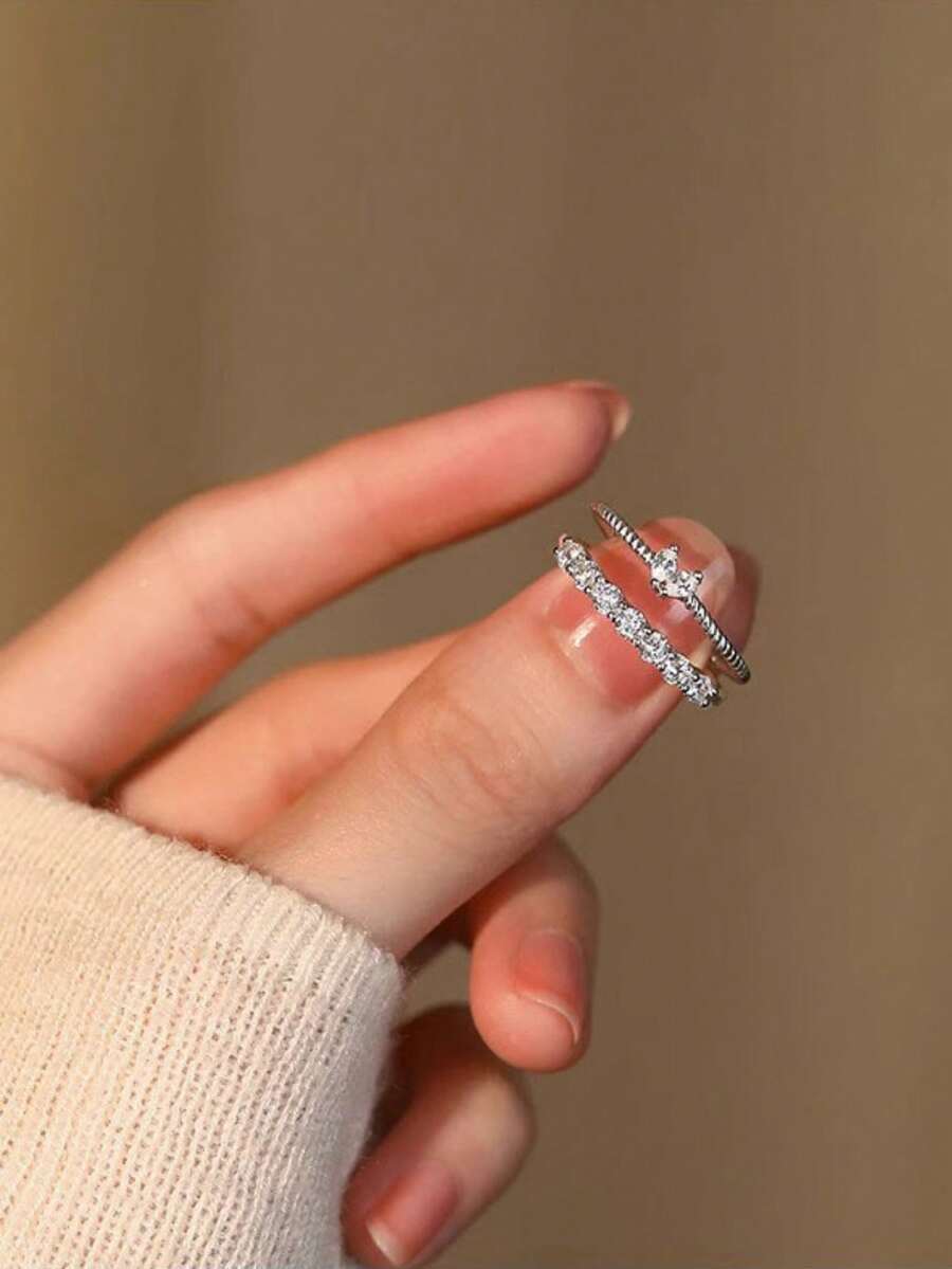 Bộ 2 chiếc nhẫn hở điều chỉnh được hình trái tim tối giản thời trang, đính pha lê, trang sức tinh tế, món quà lý tưởng cho tiệc Valentine. - Bạc - Xem 1