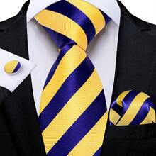 Bộ cà vạt sọc vàng và xanh dương dành cho nam - Bao gồm khăn cài túi áo, khuy măng sét và kẹp cà vạt vàng, cà vạt công sở trang trọng thời trang. - Màu vàng - Xem 6