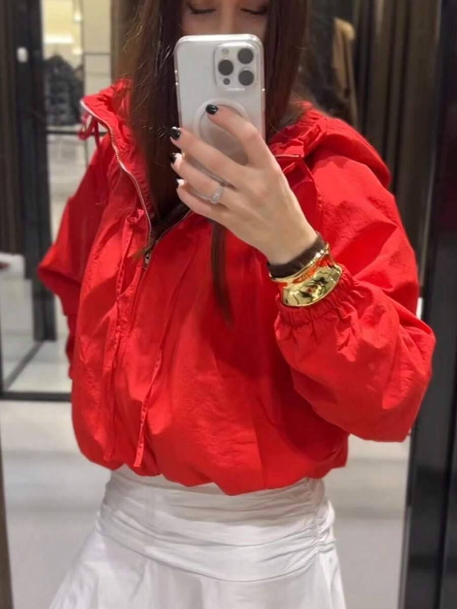 TF.MLN 女款街頭風連帽夾克,蝴蝶結抽繩拉鍊外套,春夏新款極簡休閒夾克,紅色 - 紅色 - 查看 1