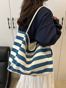 Túi tote vải bố kẻ sọc phong cách retro, dung tích lớn, đa năng, phù hợp cho công việc, trường học hoặc dã ngoại, có thể dùng làm ba lô học sinh, túi đi biển, túi mua sắm [Màu sọc dọc được sắp xếp ngẫu nhiên] - Màu xanh hải quân - Xem 3