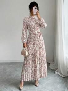 Spring Fall Floral Print Stand Collar Dress Women's Long Sleeve Zipper Front Self-Tie Waist Pleated Midi Dress - 白色 - 查看 2