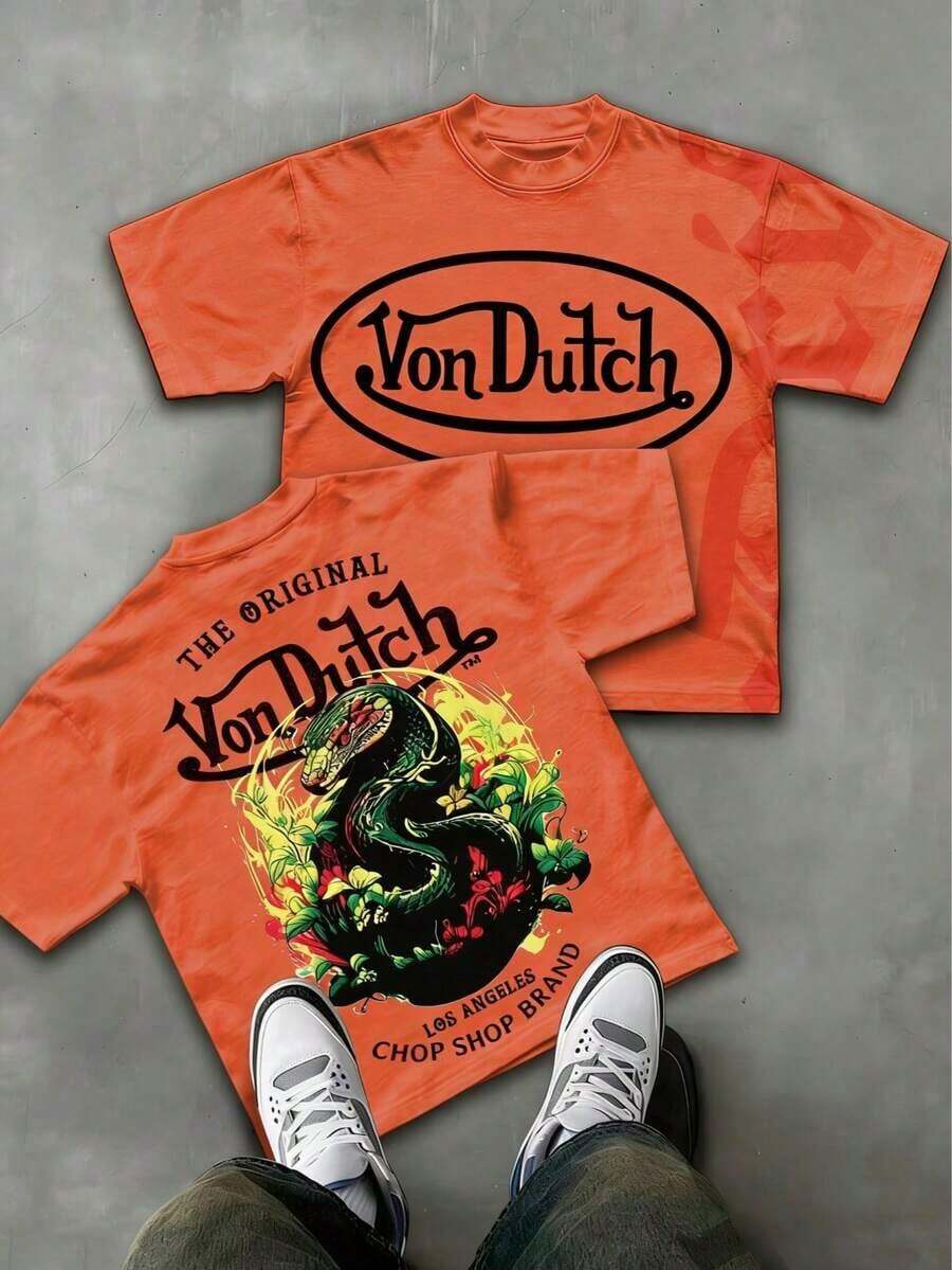 Double-Sided Printing Men's-Shirt Men's Short-Sleeve-Shirt100% Cotton Fabric Soft & Skin-Friendly Unisex Style Gifts Spring Festival, Valentine's Day,'s Day &-Van Dutch Print Men Shirt Classic Americana Style Graphic Tee Streetwear Fashion Casual Wear Car Enthusiasts And Vintage Culture Lovers-Unisex Summer Casual Vintage Cotton Printed T-Shirts For Couples - 橘色 - 查看 1