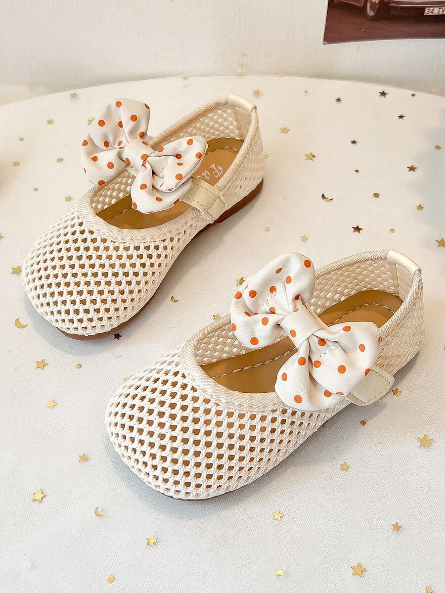 可爱女婴平底鞋，透气网布，带蝴蝶结和魔术贴 - 米色 - 查看 1