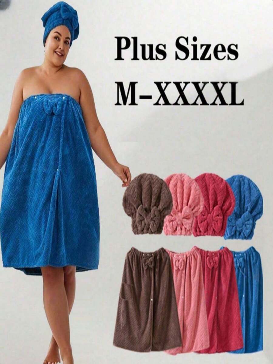 2pcs/Set Extra Large Bath Robe + Adjustable Princess Shower Cap, Size 80*210cm/80*160cm, 350g/Sqm, Quick Drying, Suitable For M-XXXXL, Thick Bathrobe For Home, Hotel, Bathroom, Travel, Sauna, Spa, Party, Swimming Pool, Picnic, All Season, Bathroom Decor - 彩色 - 查看 1