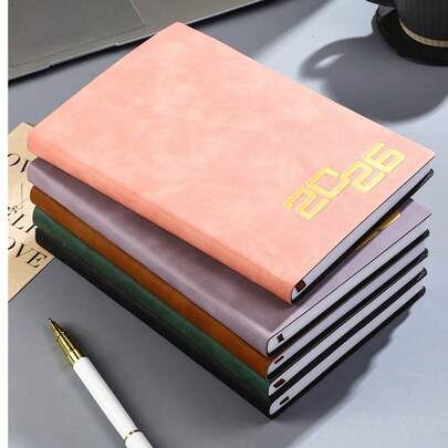 2026 A5 Planner Notebook, 300-400 Pages, Weekly Planner With Diary Function, Soft Leather Cover, 21 X 14.6 Cm Size, Featuring Lined Pages, Pen Holder, Ribbon, Date Markers, Suitable For Both Men And Women, Ideal For Work, School, And Daily Use. This Planner Includes A 365-Day English Calendar, Spanish Annual Calendar, And Efficiency Manual.