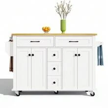 Multifunctional Kitchen Trolley With Foldable Worktop, Extendable Up To 120*65 Cm, With 5 Drawers, Cabinets, Spice Rack And Towel Rack, With Wheels – Kitchen Island For Kitchen, Dining Room And Living Room. - 白色 - 查看 8