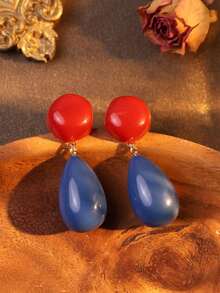 一对撞色复古港式耳环，夸张几何水滴耳环，独特时尚度假耳环 - 藍色 - 查看 2