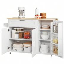 (=N635P21858284D) Large Mobile Kitchen Table 132.5*44(70)*90 Cm, Folding Top, Oak Finish, Multifunctional Cabinet, Spice Rack, Towel Rack, 5 Wheels, Suitable For Kitchen/Dining Room/Home - White - View 4