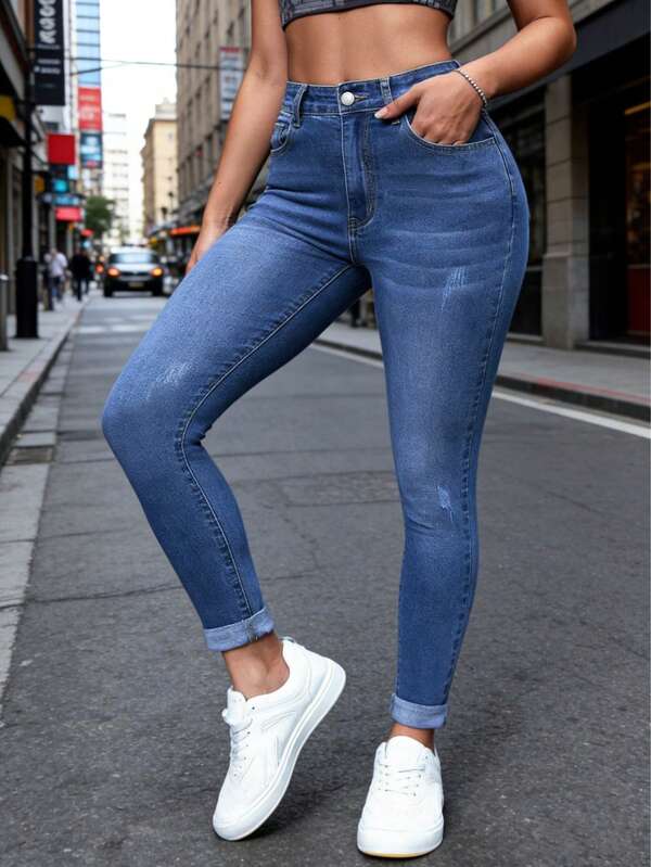 Pantalones Azules de Mezclilla, Estilo Skinny para Mujer, Fashion, Ajusta Piernas y Glúteos, Jeans pitillo elásticos con estampado con Diseño Deslavado de bigotes de gato para, Skinny Jeans de Mezclilla Azules, Estilo Urbano, Ganchos con Efecto Push-UP, Bolsillos Clásicos, Curvy